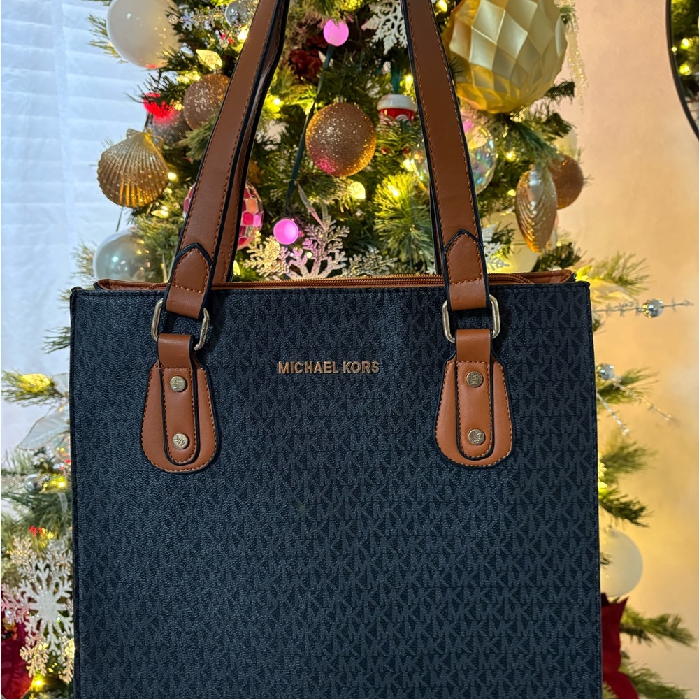 Michael Kors Navy Monogram Tote with Brown Leather Straps - Picture 3 of 4